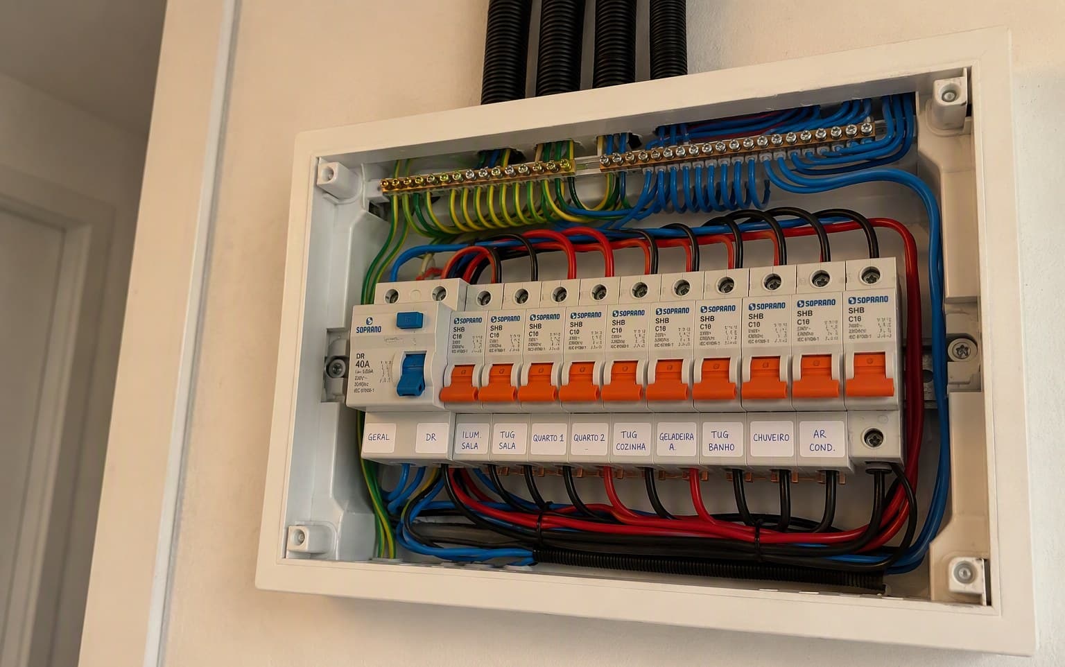 Quadro elétrico novo depois da reforma, com disjuntores organizados e identificados