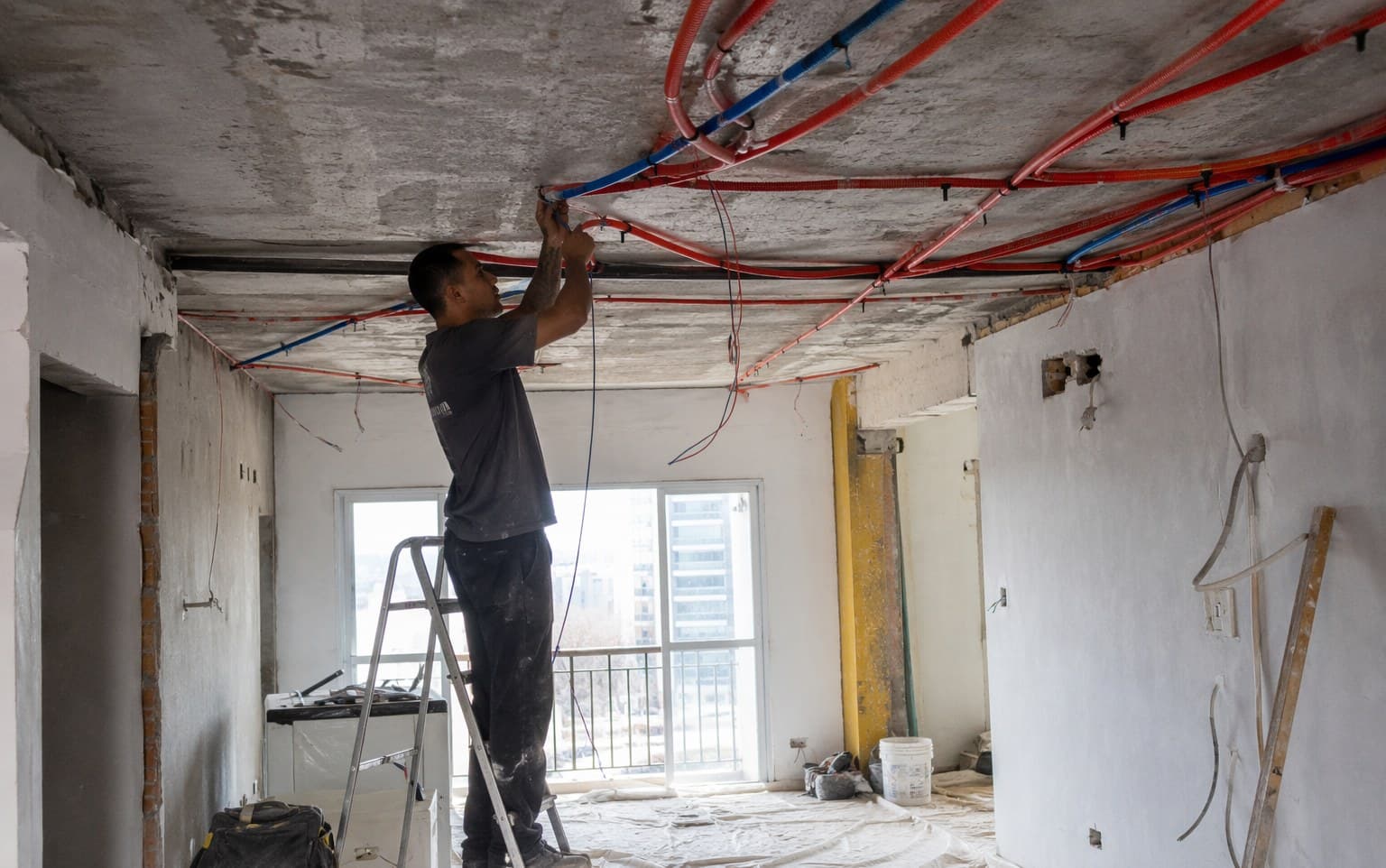 Reforma elétrica em andamento: cabos passados por eletrodutos no teto de apartamento em obra